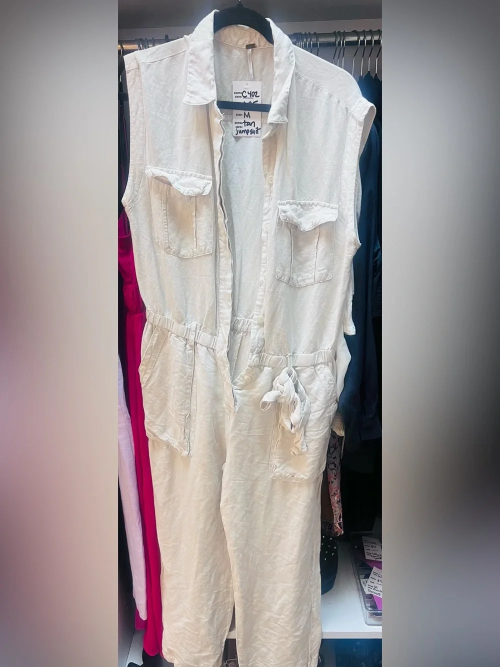 Free People, Linen Sleeveless Cream Jumpsuit